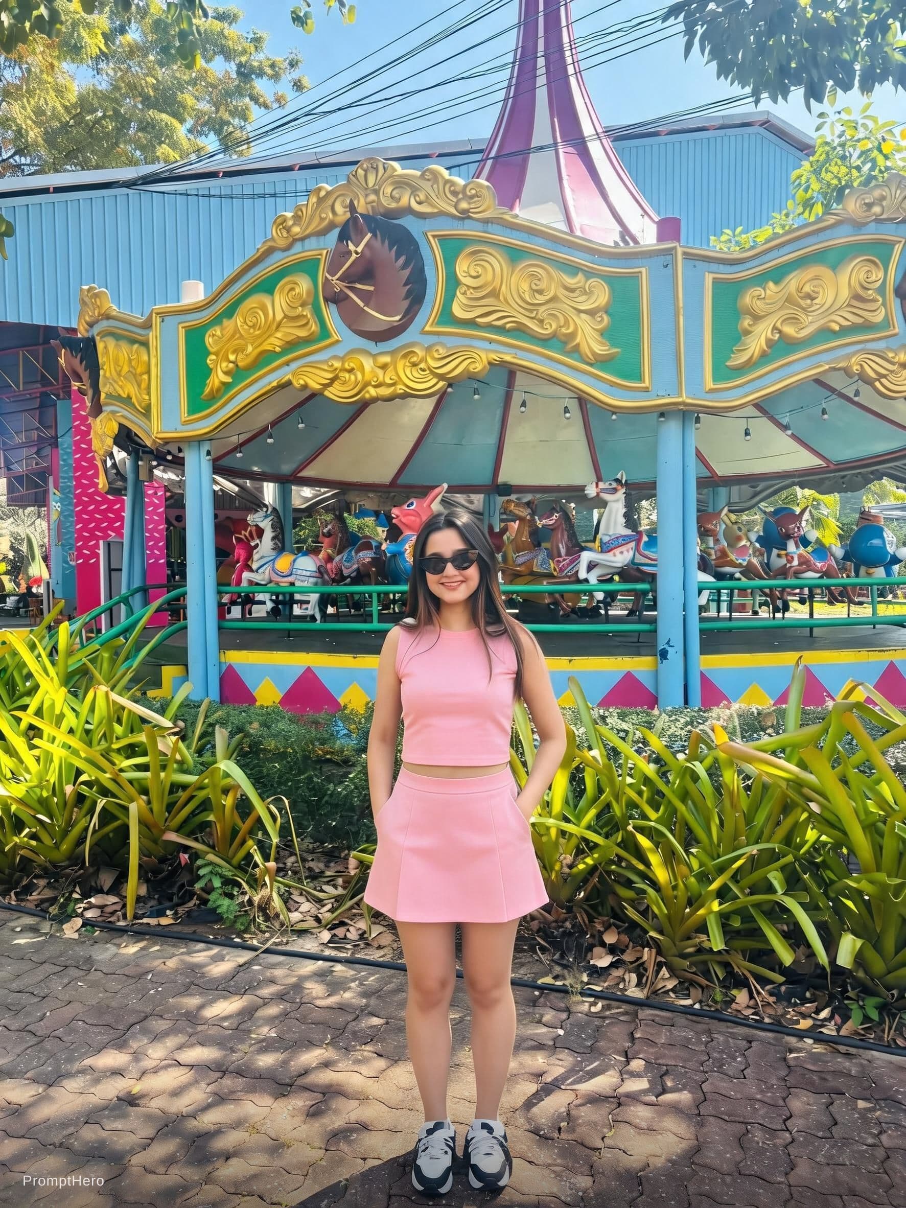 AI generated: Don't change face .. change dress to pink top and mini skirt