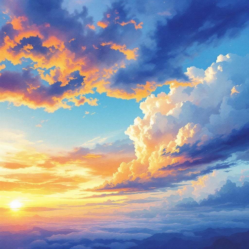 AI generated: Mosaic of watercolor sky images: sunset, storm, clear, rain, sunrise, hyperrealistic