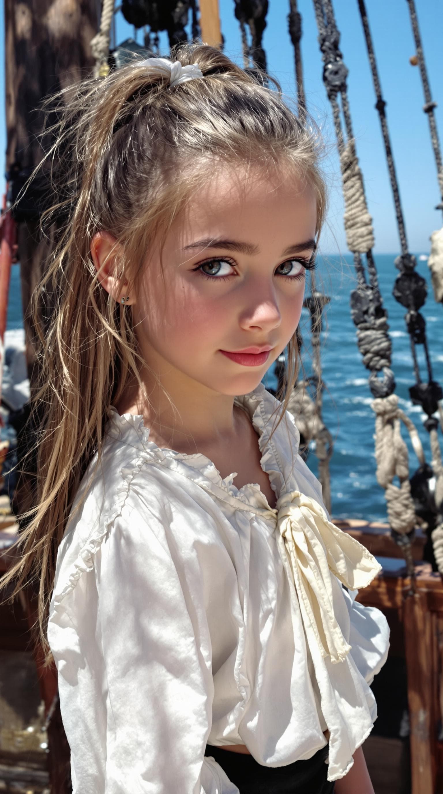 AI generated: a professional photo of a exceptionally beautiful girl aboard pirate ship at sea (age 7), (seven yea...