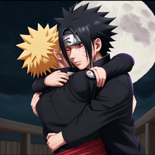 AI generated: 4k, 2 boys, yaoi, naruto, sasuke, love, night, hug, home, moon 