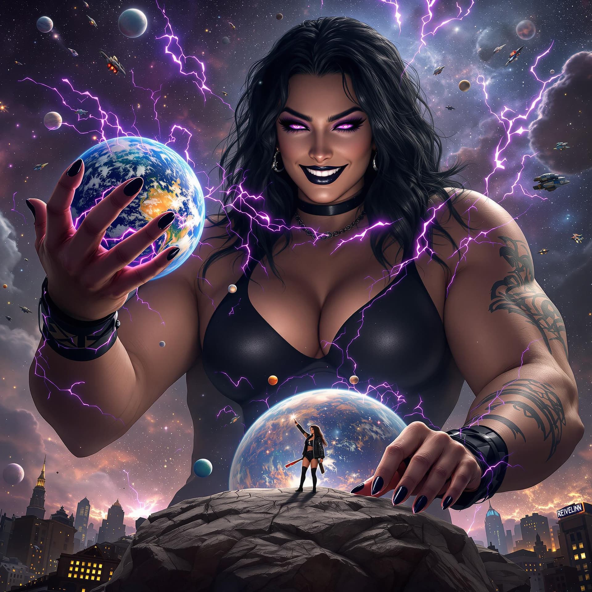 AI generated: enormous giantess female who looks like WWE superstar 
 Rhea Ripley with black medium length hair lo...