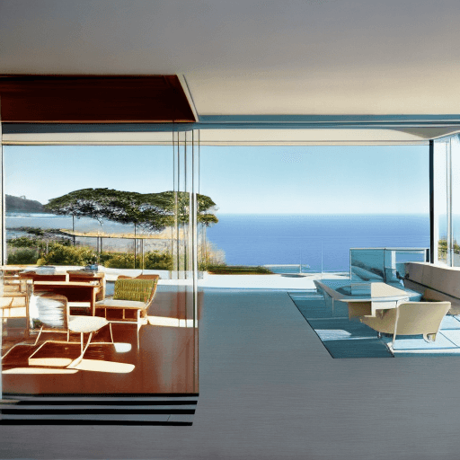 AI generated: Hyper realistic eye level exterior photo of a mid century modern style house overlooking the ocean, ...