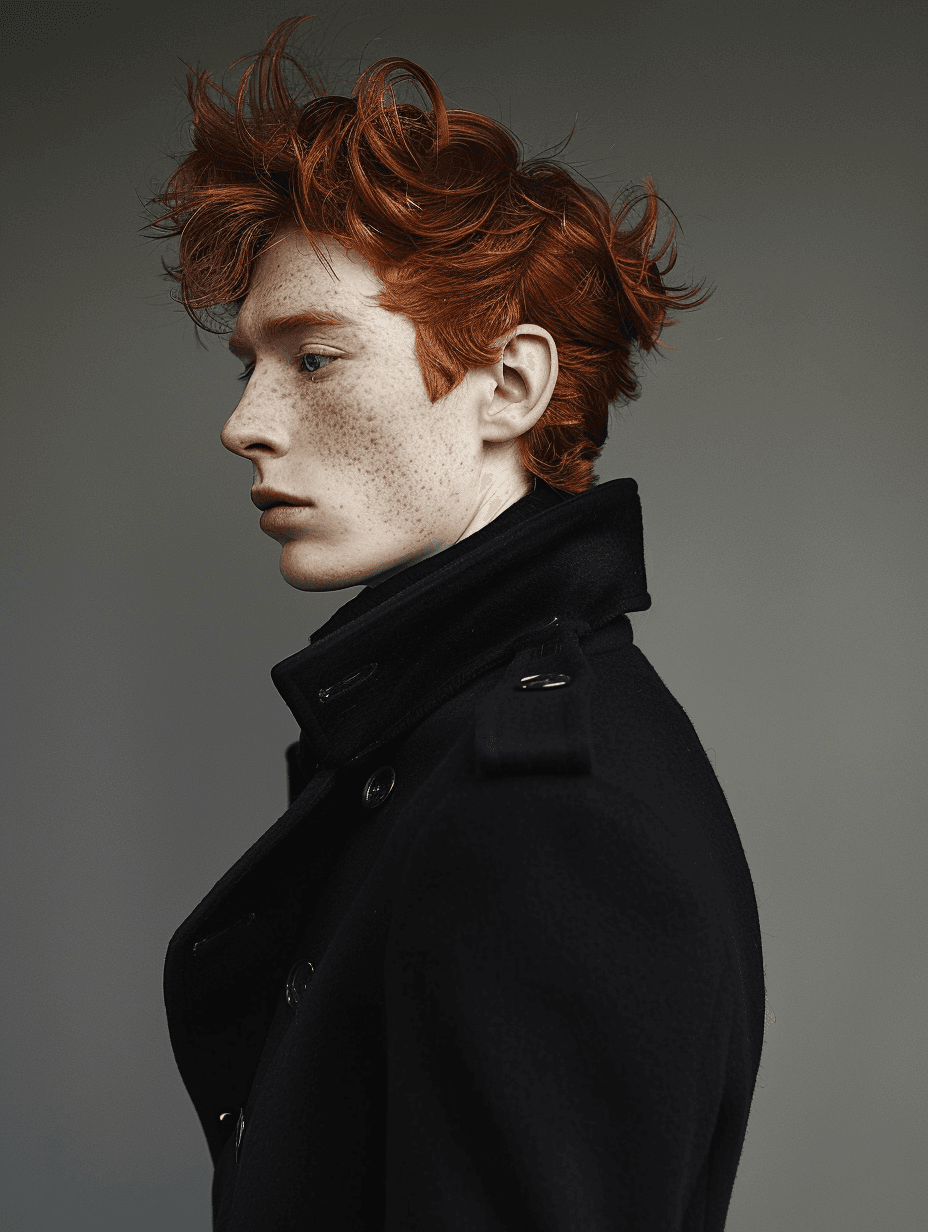 AI generated: a red-haired man, model, approximately 35 years old, extremaly fashion, wearing a french coat, Prada...