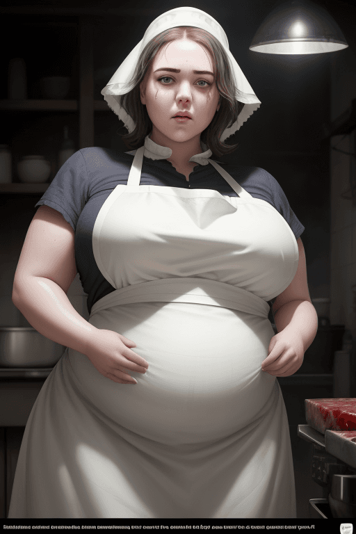AI generated: RAW photo, low key, cinematic composition, fat  female butcher, woman, rim light, blood (white latex...