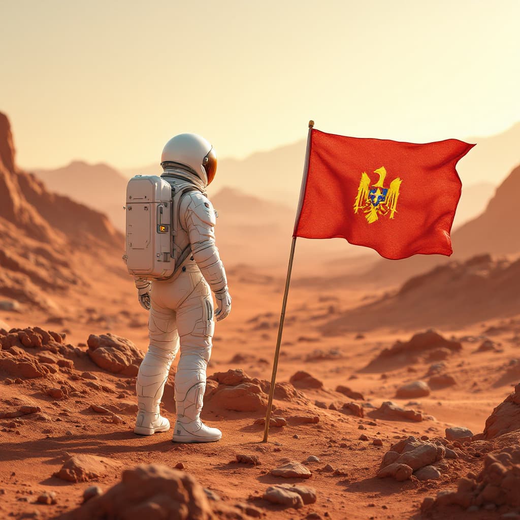 AI generated: A photorealistic depiction of an astronaut standing on a barren, rocky Martian landscape under a gol...