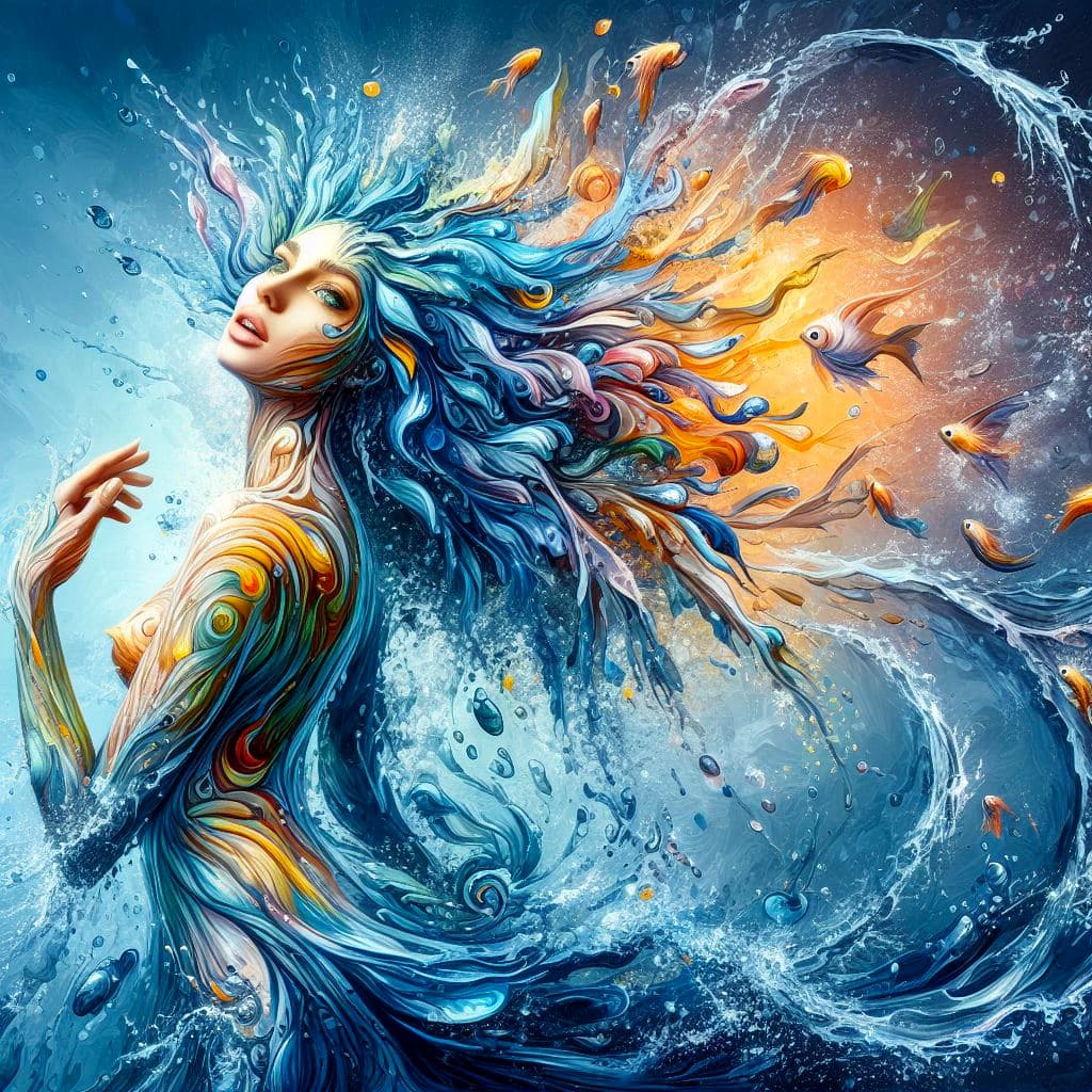 AI generated: she is a gorgeous woman-like being created out water ((she is coming out of the cristal clear ocean)...