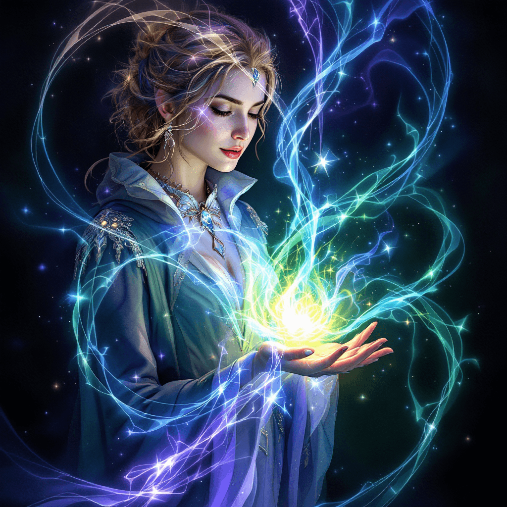 AI generated: Fantasy where a sorceress' emotions are reflected by her spells, with visual flourishes changing dep...