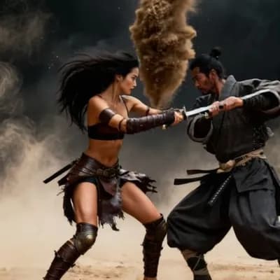 AI generated video: the characters fight by swinging swords with trails of sand