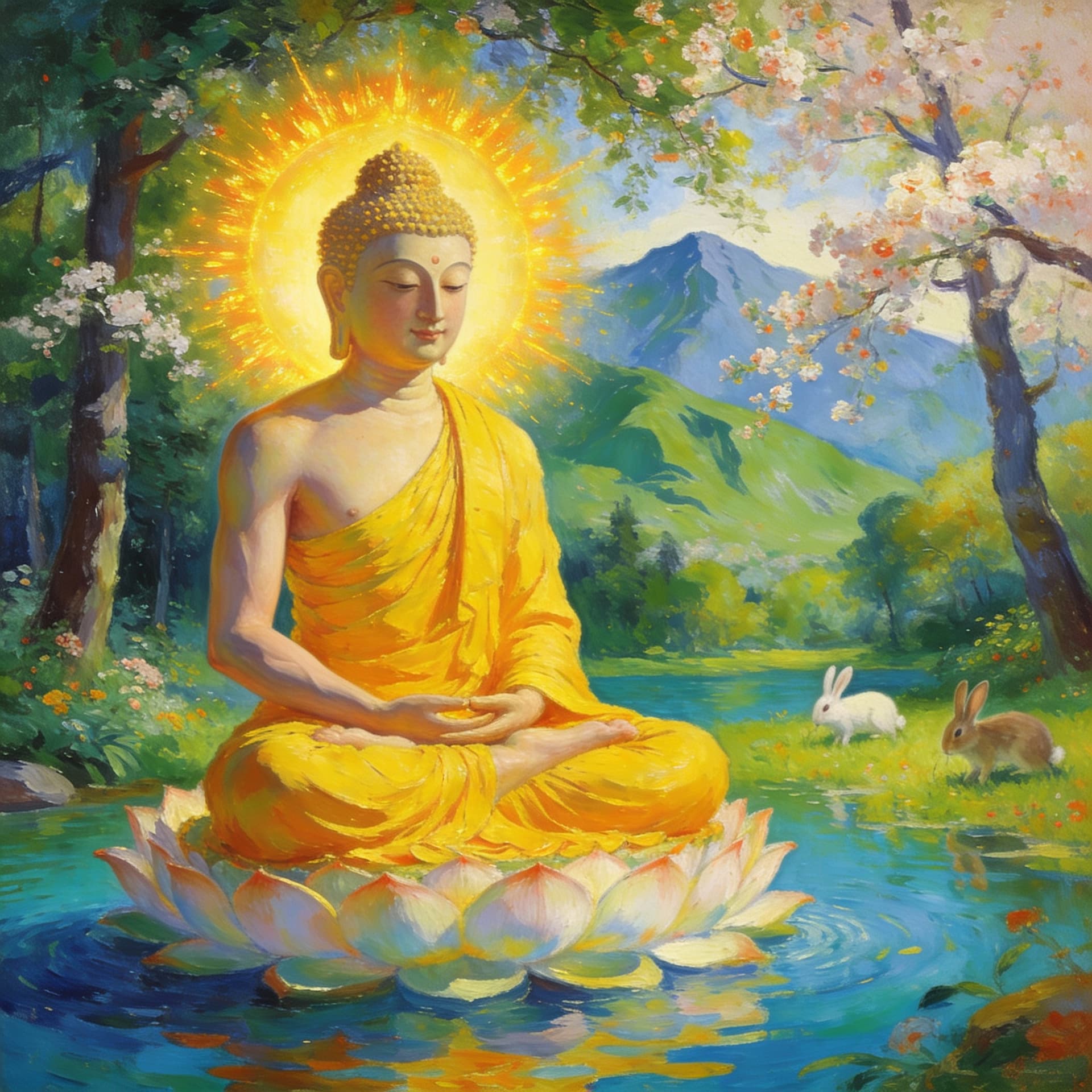 AI generated: A divine depiction of  thin ,not muscular, arms and body of Lord Buddha seated cross-legged on a lot...