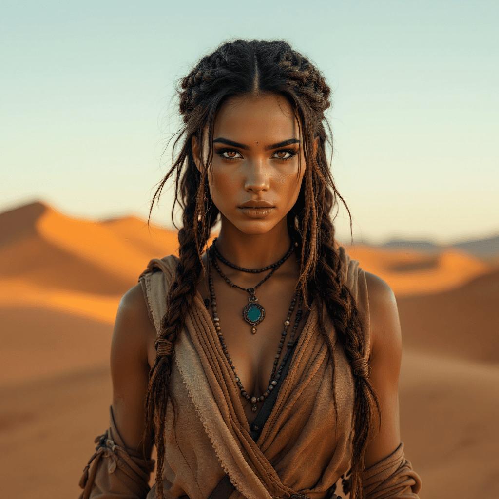 AI generated: A strong and resilient woman with long, braided dark auburn hair, her skin bronzed by the desert sun...