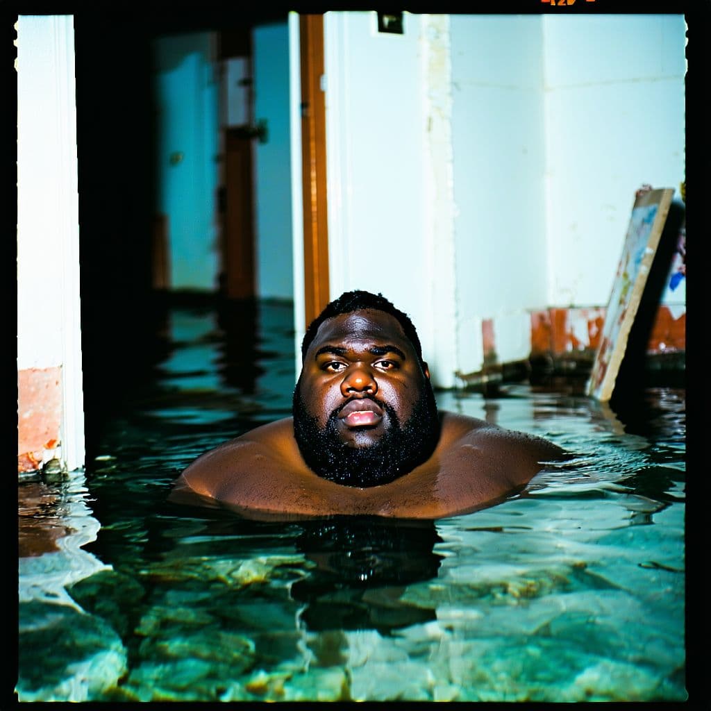 AI generated: grainy 80's photograph quality polaroid of big fat round black man drowning caught in an abandoned h...