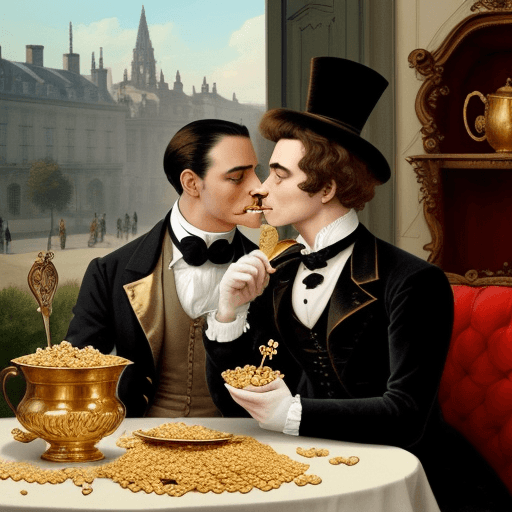 AI generated: A humanoid Cat with fancy victorian clothes eating cereal with a gold spoon, the cereal its in form ...