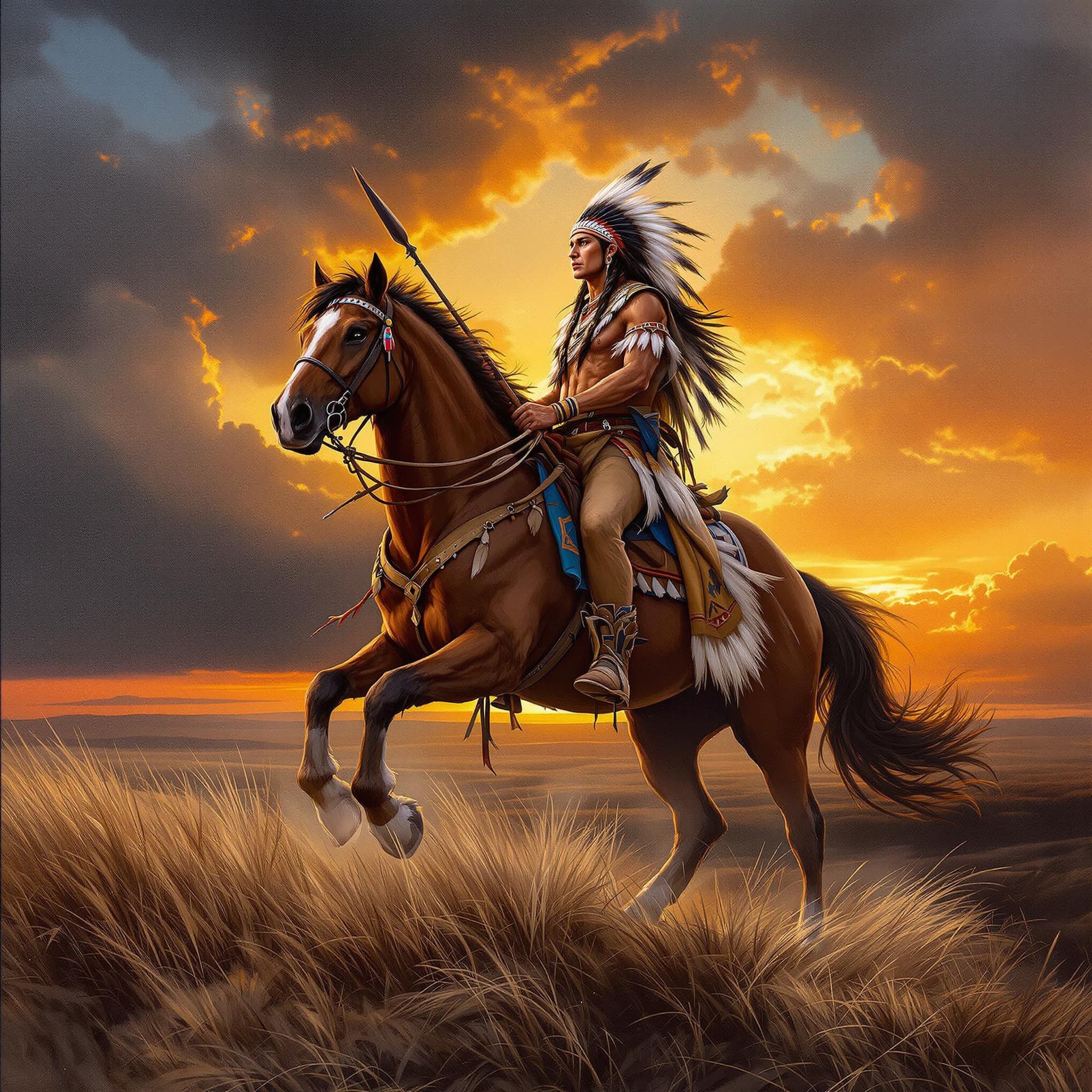 AI generated: an oil color painting of Native American Indian chief on a wild horse, wearing traditional clothing ...