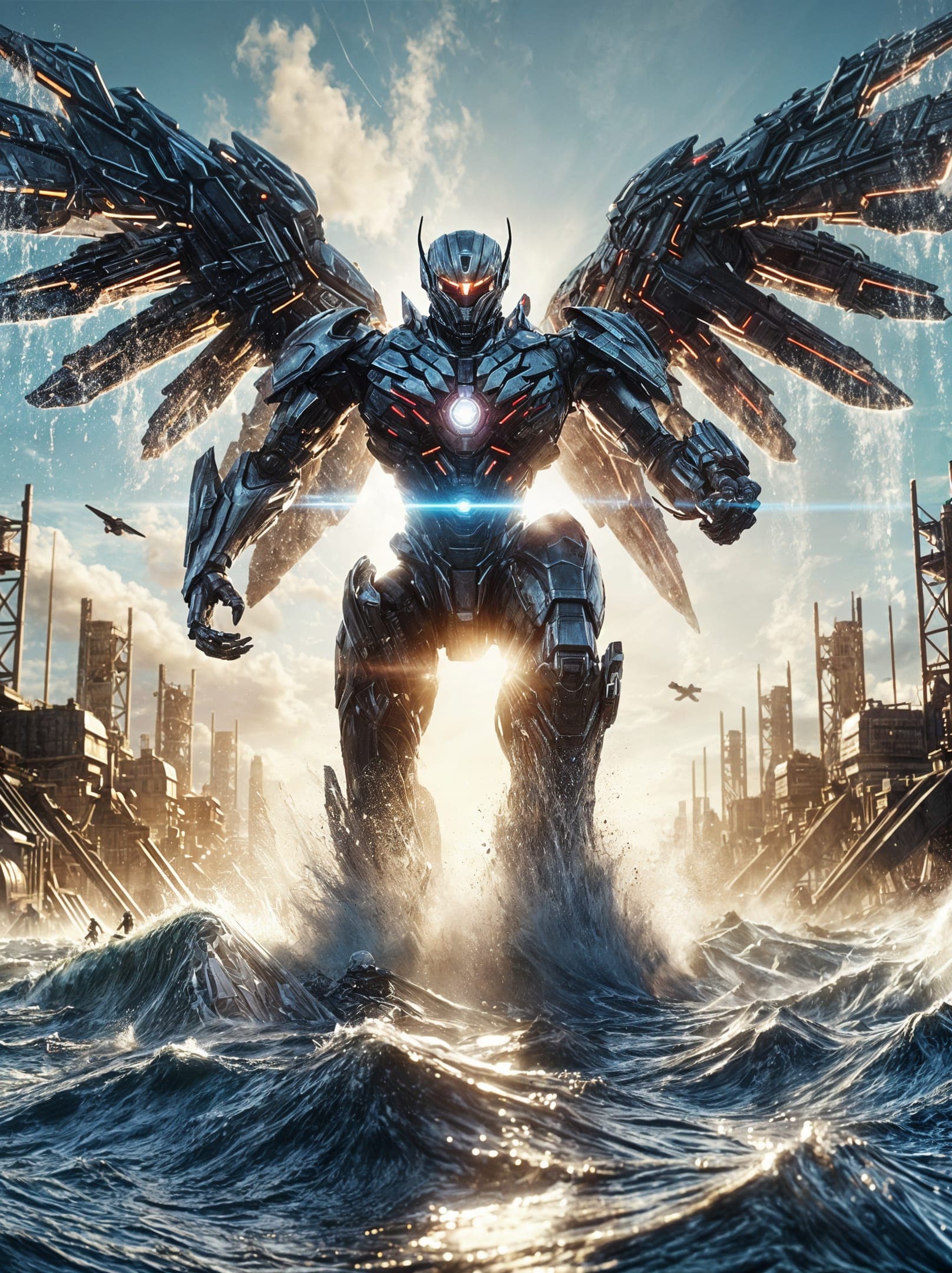 AI generated: A towering winged Jaeger marches through the ocean, fists clenched, sending tidal waves crashing. It...