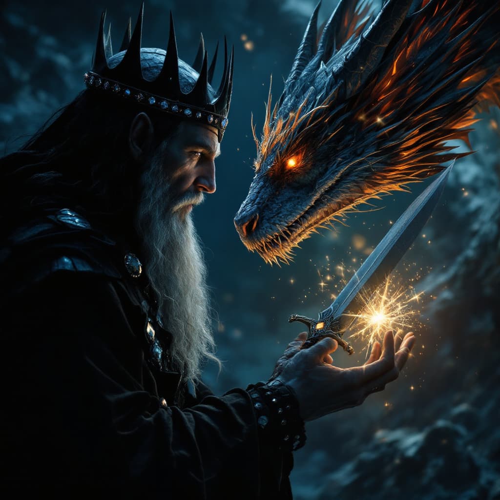 AI generated: A close-up, cinematic painting of Sauron and Galafriel with a focused, intimate crop. They looks dir...