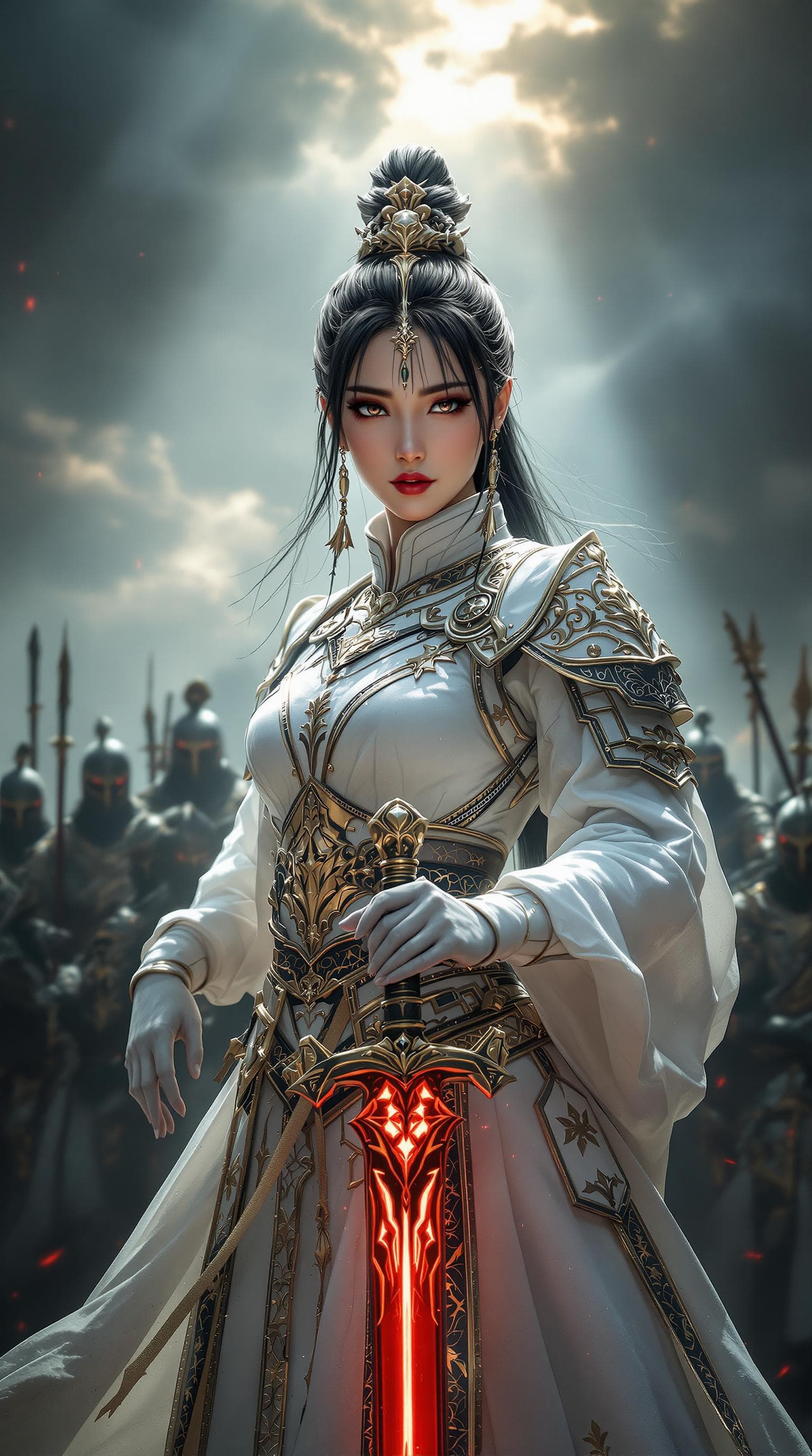 AI generated: Female oriental knight in full armor, hkstyle, white with gold embellishments, bangs, earrings, hold...