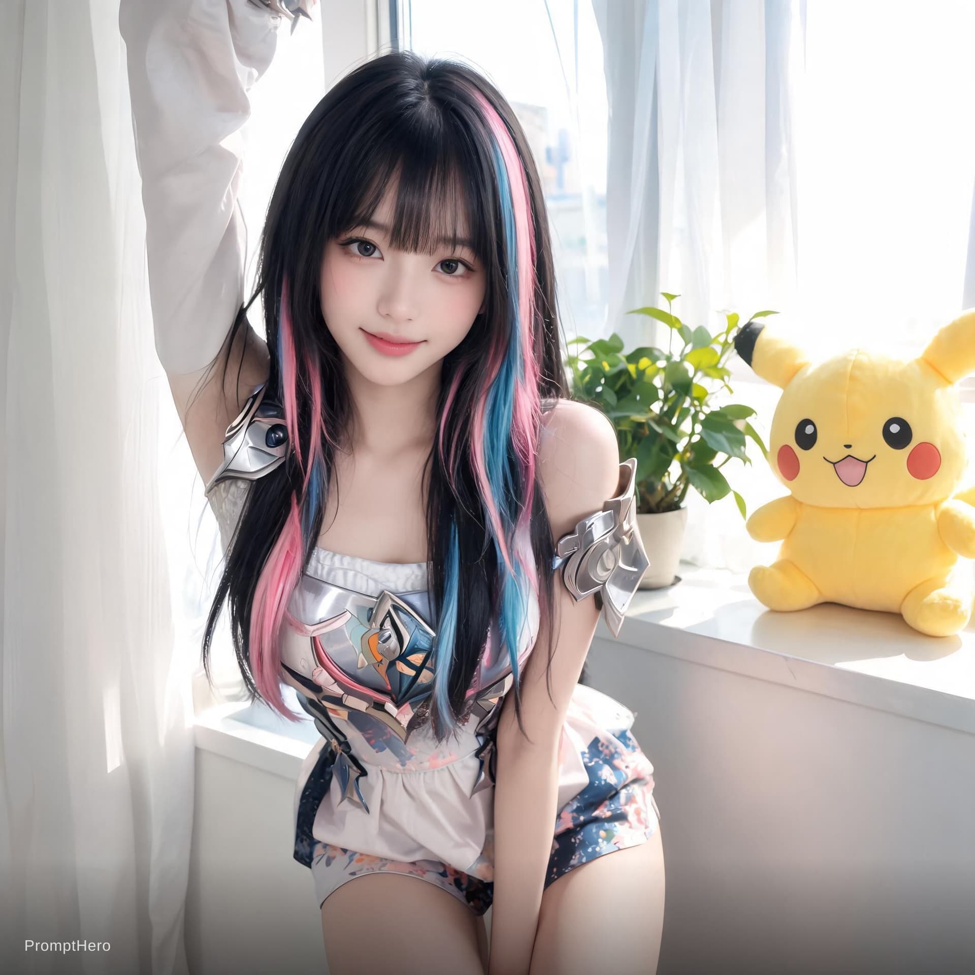 AI generated: close portrait of Japanese woman, Koren ulzzang face, standing near the window, black hair, multi co...