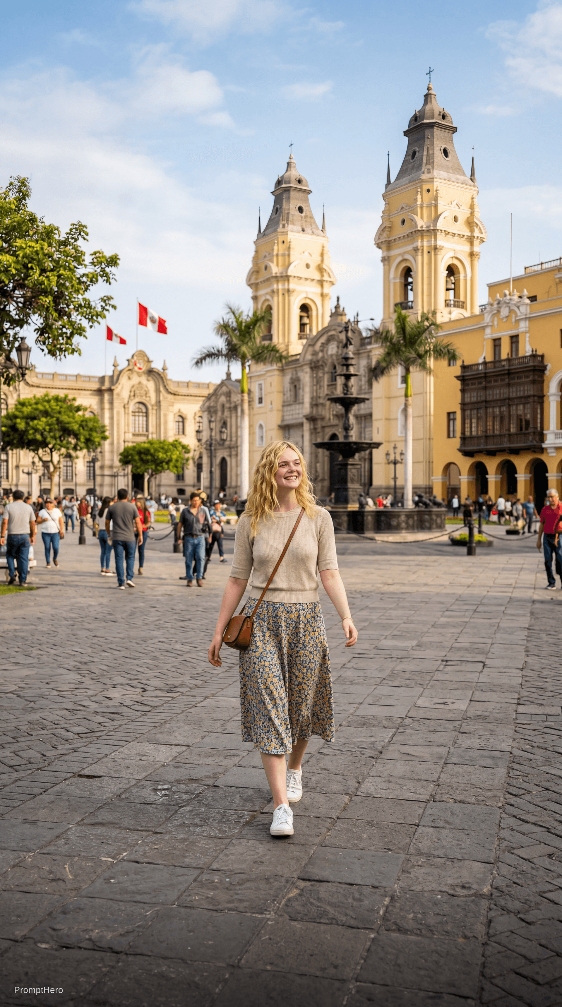 AI generated: (elle fanning) en lima peru, plaza de armas paseando