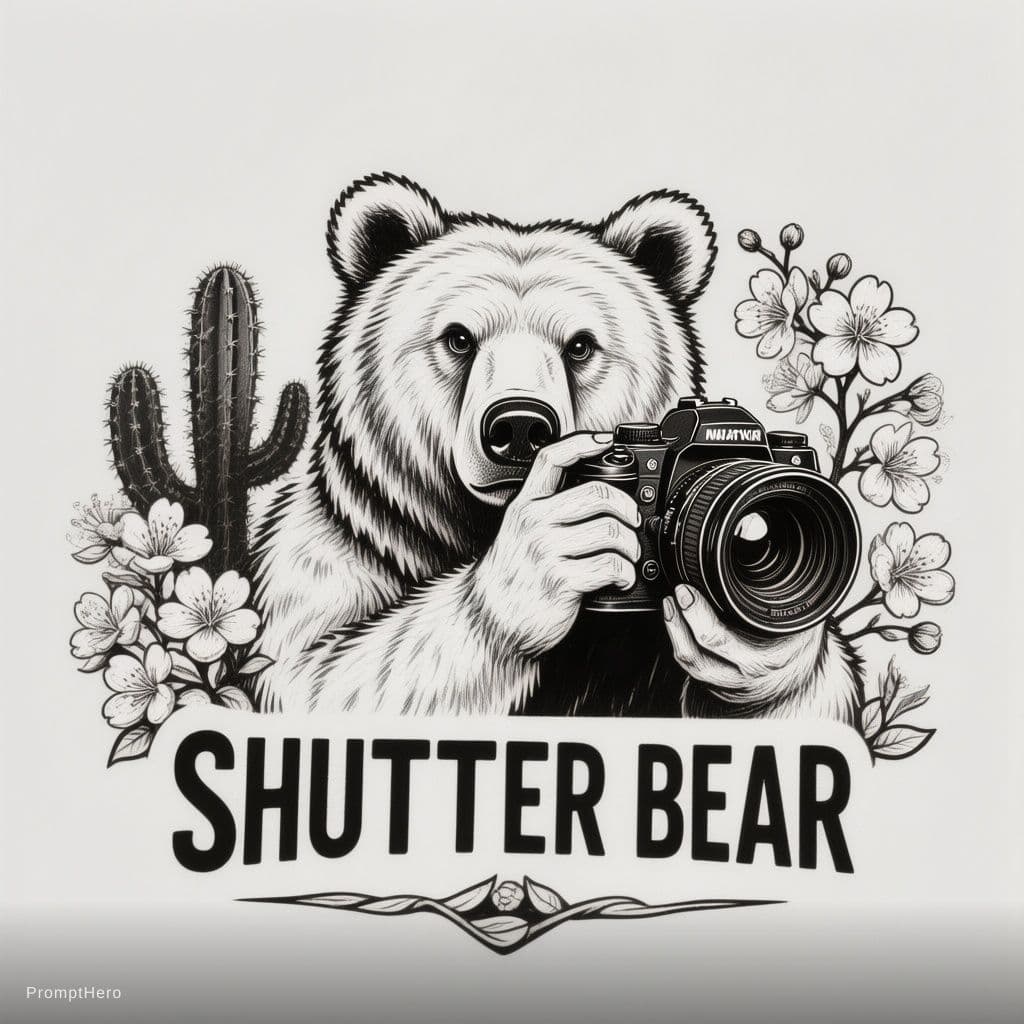 AI generated: Very simple Black and white Line drawing logo of tough looking grizzly bear taking picture with came...