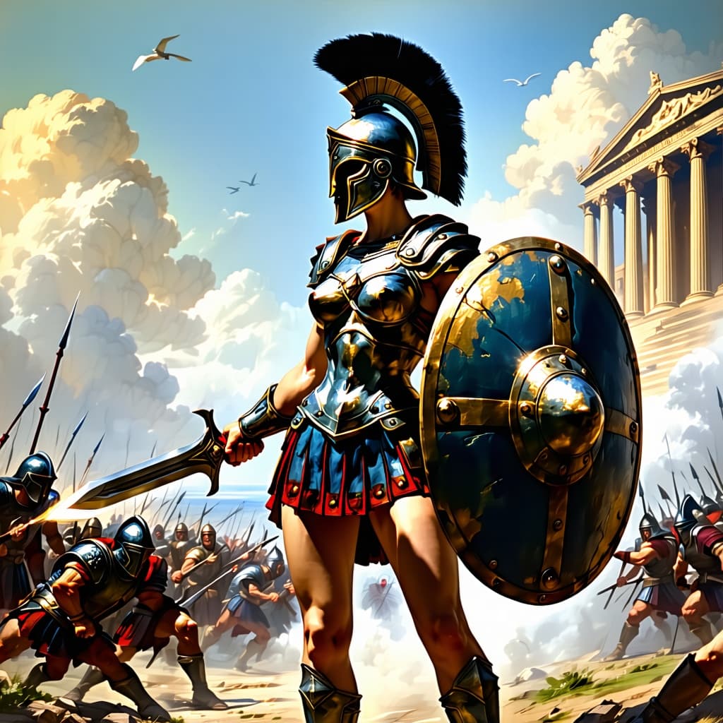 AI generated: Comic book realistic illustration, full body shot of a young gorgeous Spartan woman with thick aesth...