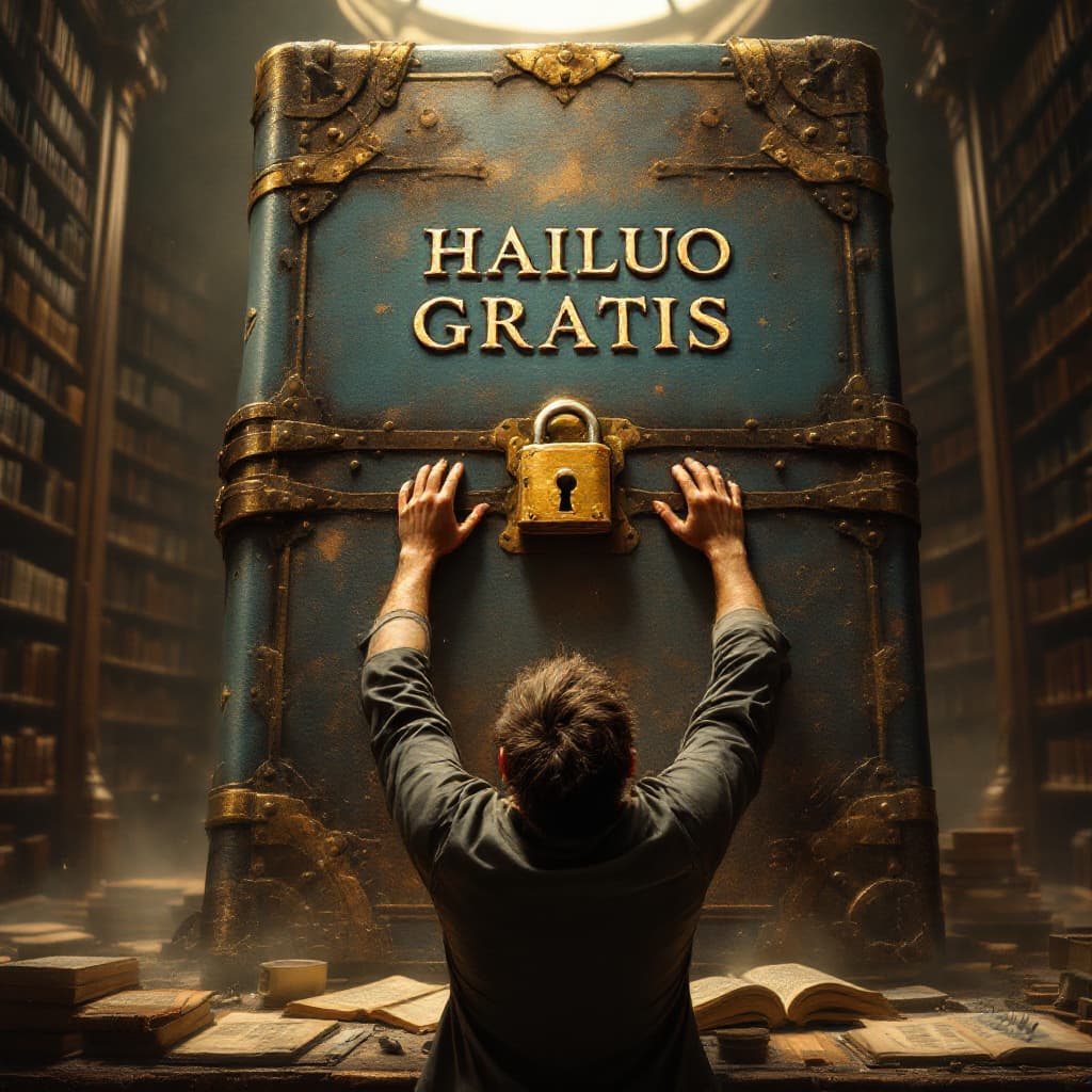 AI generated: A desperate man that desperately reads and holds his head. In front a gigantic book with the inscrip...