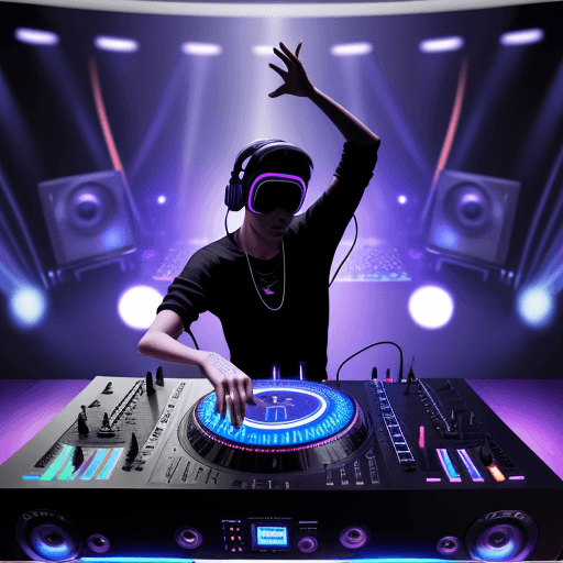 AI generated: Dancing virtual dj in front of mixer and speakers on table