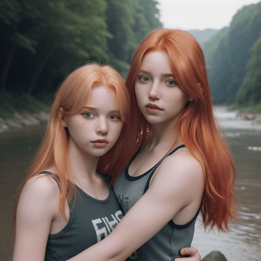 AI generated: a blonde woman with a long-haired red-haired woman. they are wearing short shorts and a tank top, th...