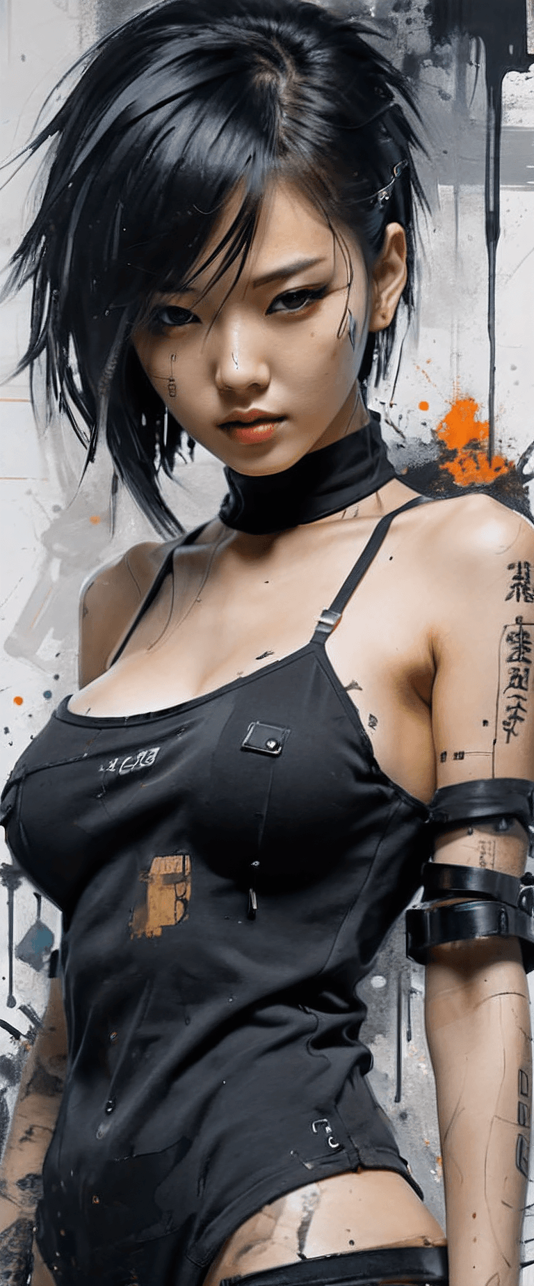 AI generated: aesthetic, painterly style, modern ink, Asian girl, sensual, sultry, dark blouse, expressive pose, u...