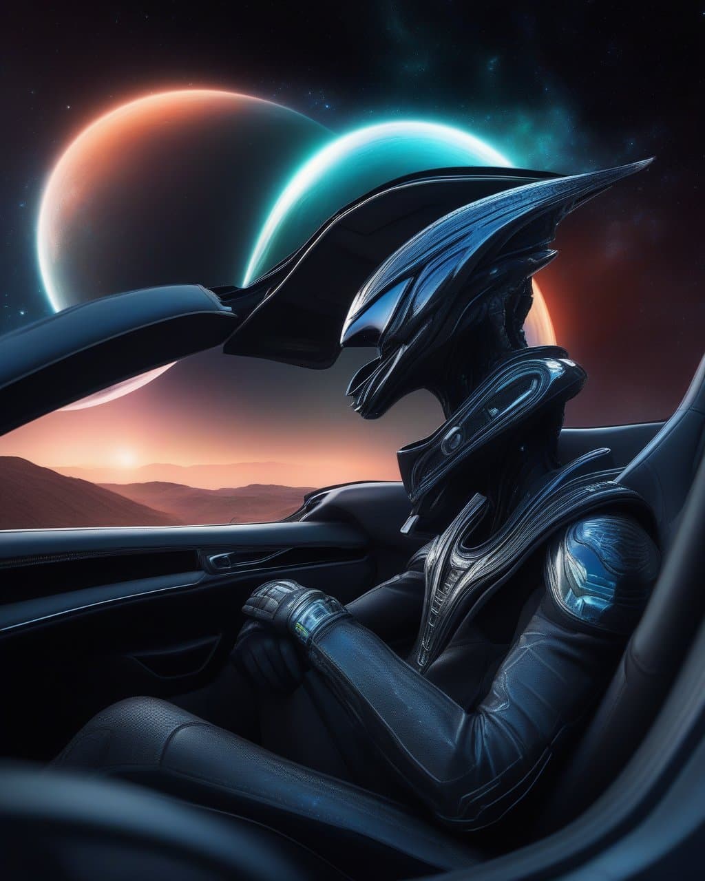AI generated: (((alien sitting behind the relum))) in a convertible (tesla-car), in space against the (((backgroun...