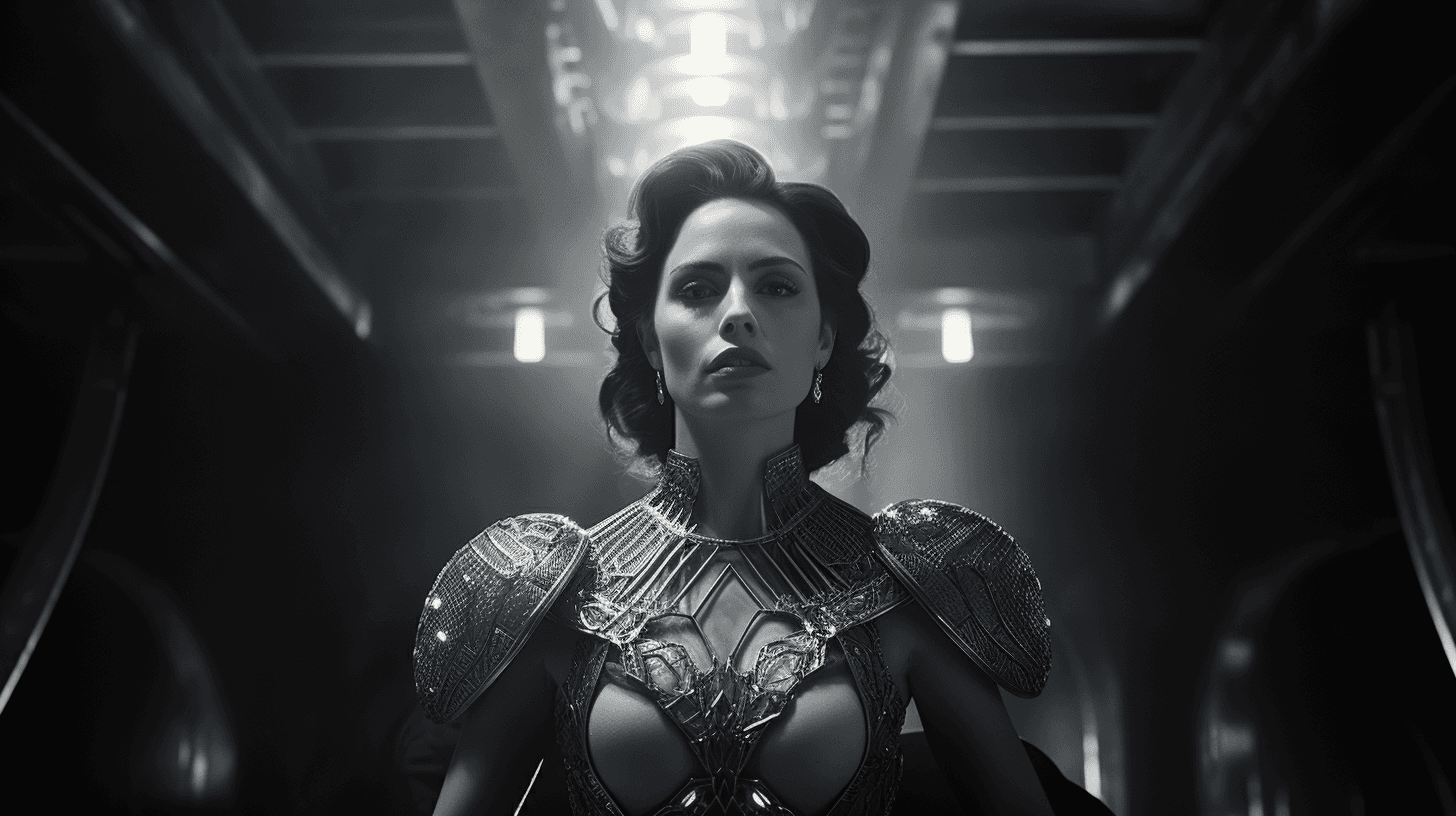 AI generated: hayley atwell as a sci-fi empress, 16-35mm lens, f/1.8, global illumination, natural light, uplight,...