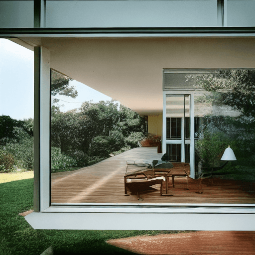 AI generated: Hyper realistic eye level exterior photo of a mid century modern style house overlooking the ocean, ...