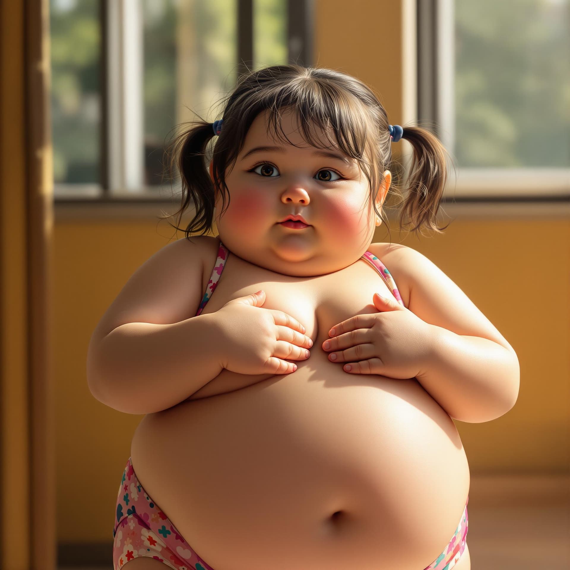 AI generated: ((1 girl, elementary school girl, cute, short, very chubby, very fat, heavyset, morbidly obese littl...