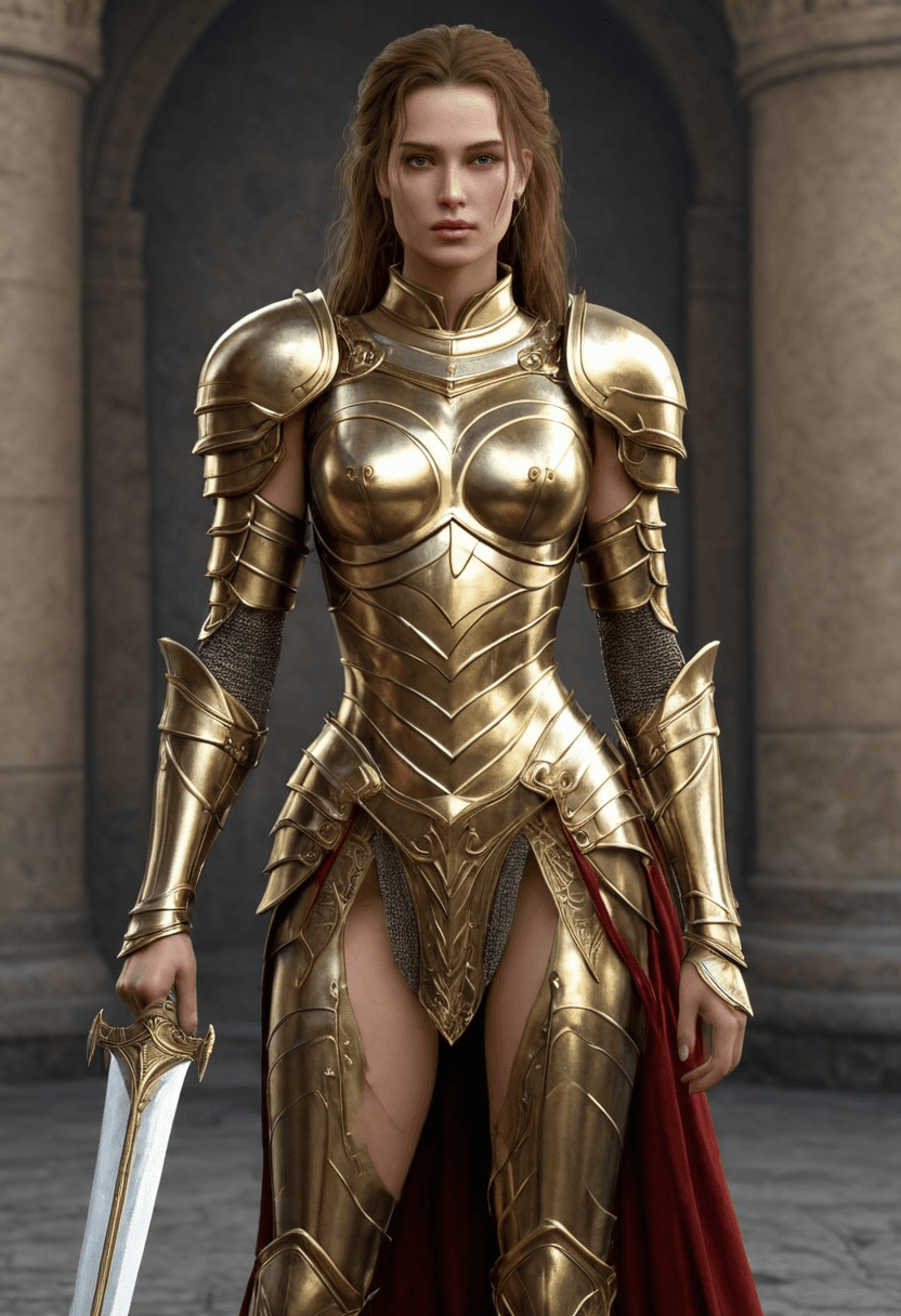 AI generated: Realistic beautiful tall woman, malenia blade of miquella, Elden ring like, fully clothed in golden ...