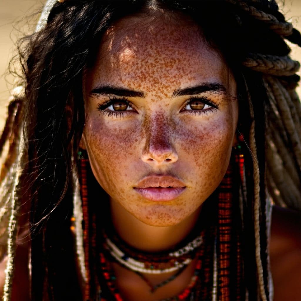 AI generated: A captivating, untamed gypsy girl stares boldly into the viewer's soul, her sun-kissed skin and wild...