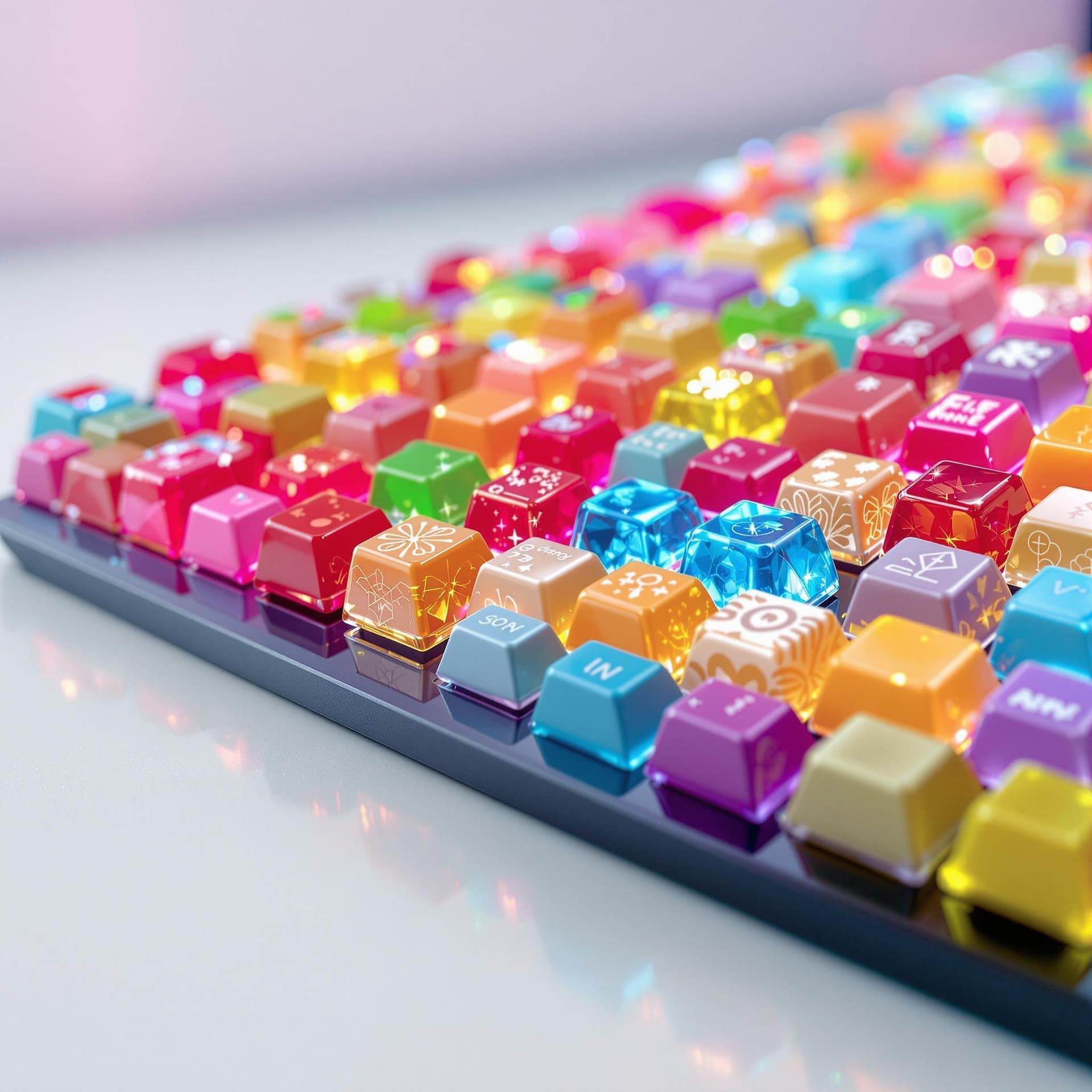AI generated: A vibrant, highly detailed keyboard with keys crafted from various types of colorful candies, includ...