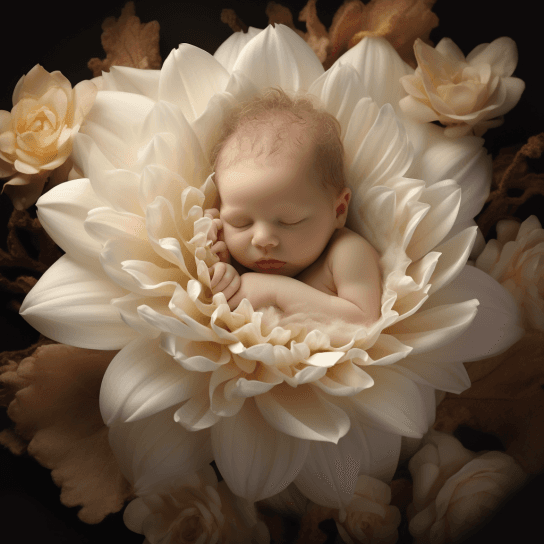 AI generated: A small perfect newborn human baby. Fast asleep inside a giant flower. Photorealistic. Soft lighting...