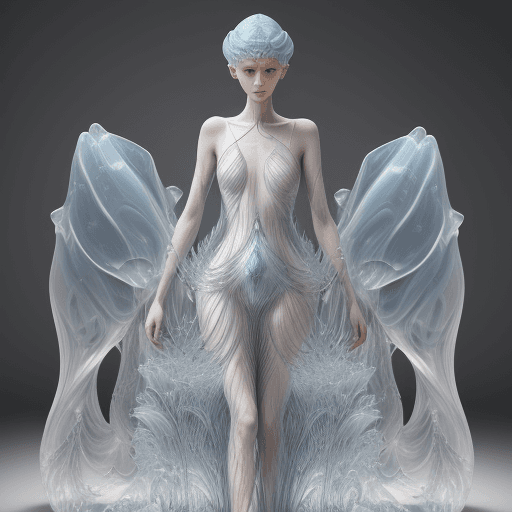 AI generated:  an unusual woman in a dress with frila, in the style of fluid, glass-like sculptures, iris van herp...