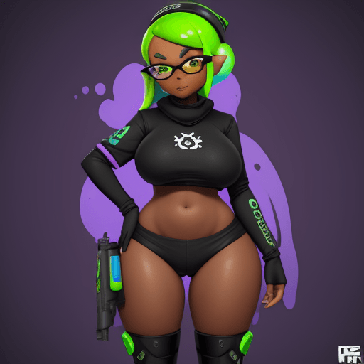 AI generated: Splatoon, inkling, goddess, dark skin, future tech, thick thigh, soldier, bimbo
