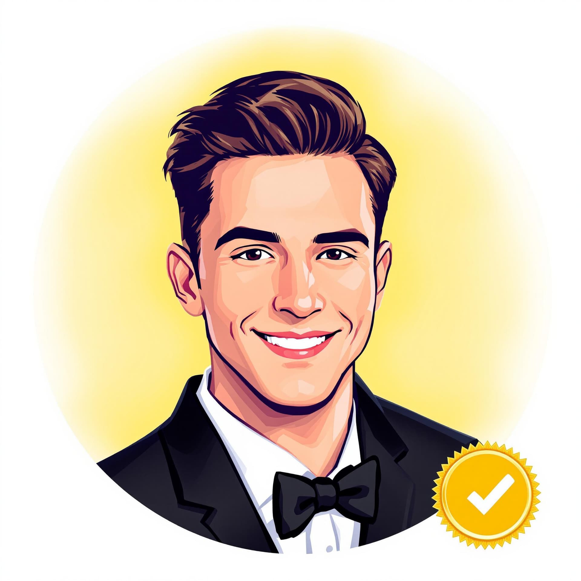 AI generated: A young man with neatly styled brown hair, wearing a black tuxedo with a white dress shirt and a bla...