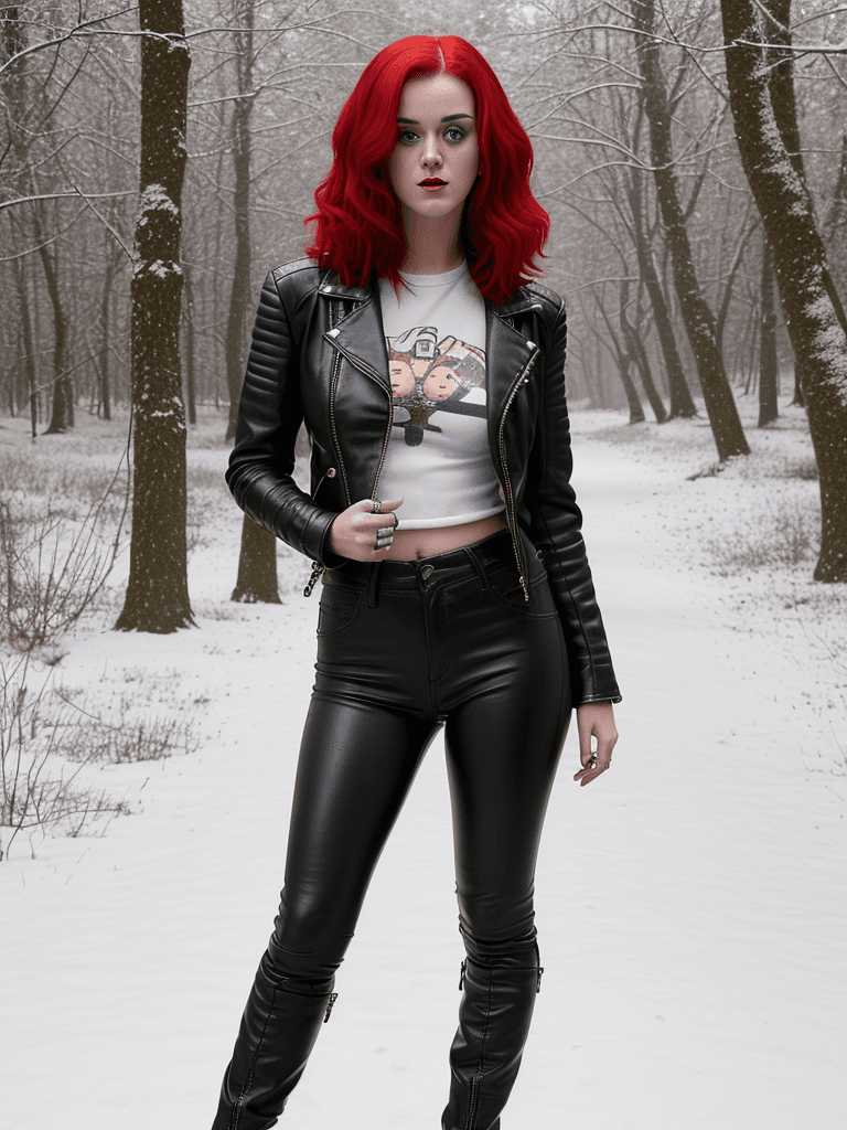 AI generated: Katy Perry wearing a leather jacket leather jeans and leather highboots,  with her red hair, standin...