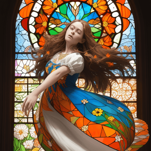 AI generated: vibrant stained glass art piece of a woman with very long brown hair dancing in a field of stained g...