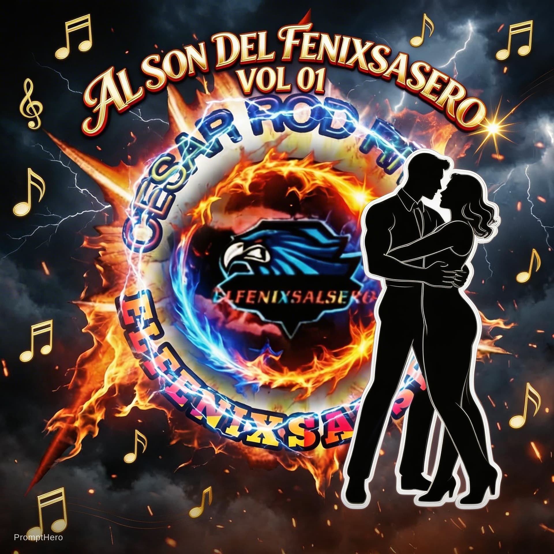 AI generated: diseñar el título "AL SON DEL FENIXSALSERO"," vol 01" arriba del logotipo,en dorado con rojo cromado...
