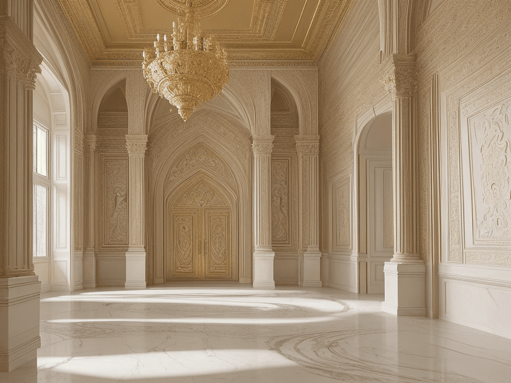AI generated: the image is a grand, high-ceilinged room with a luxurious, ornate decor. The walls are made of ston...