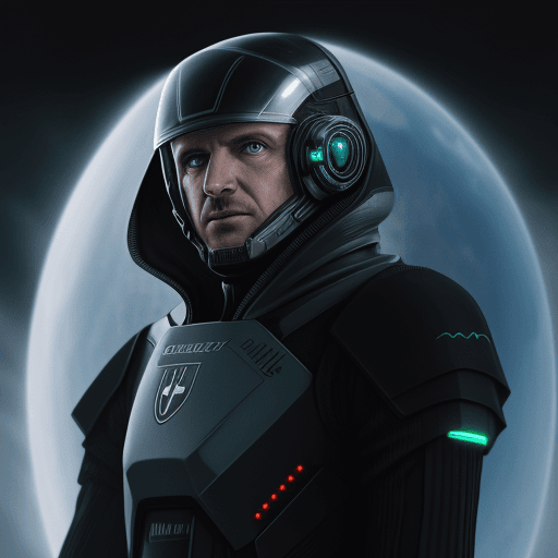 AI generated: sci-fi bild, muskelöser freundlicher mann, schielent, glatze, schwarzer vollbart, 8k