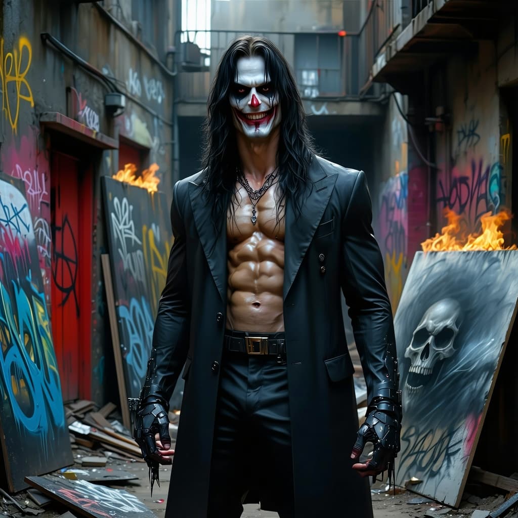 AI generated: A defiant, slim-faced well-built, muscular, young long black-haired similar to Peter Steele male sta...