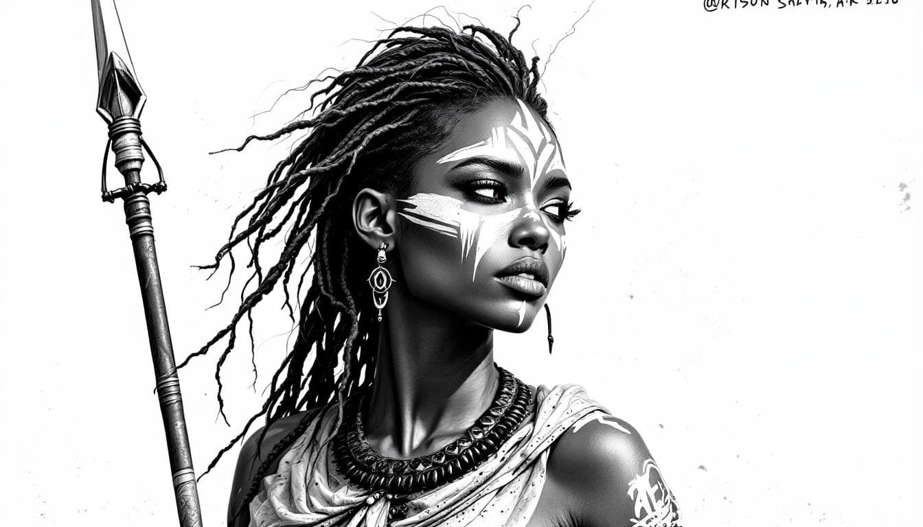 AI generated: black and white drawing of a african female princess warrior woman with silky hair, wearing white wa...
