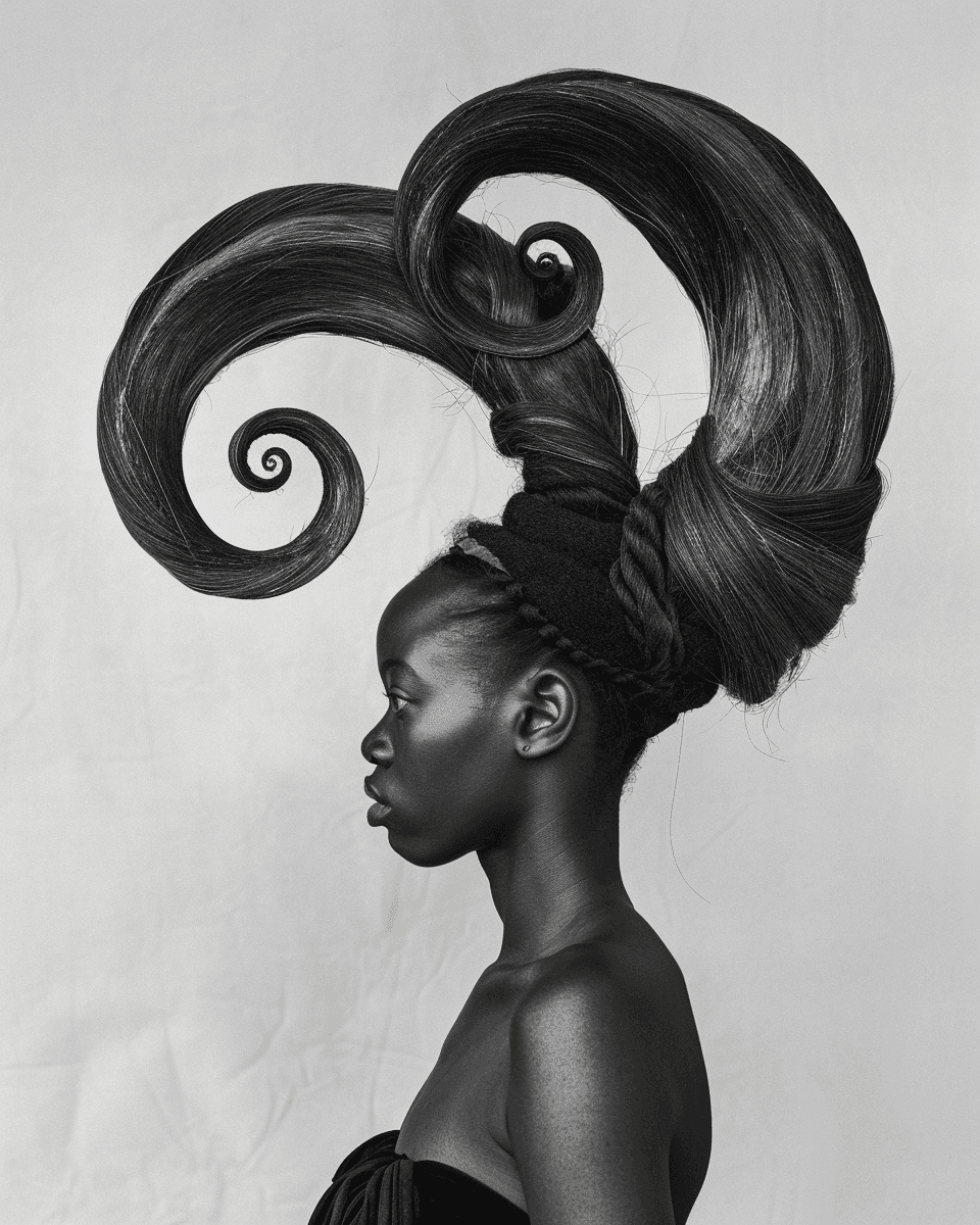 AI generated: A black and white photograph of an African woman with very long hair in the shape of two large spira...