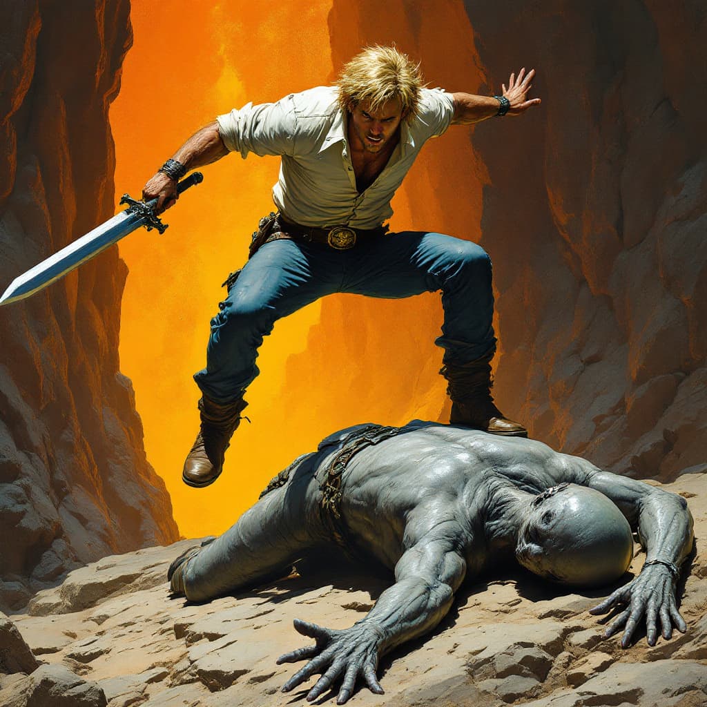 AI generated: A blond man in blue jeans and a white shirt, holding an iron sword, is jumping on top of the body of...