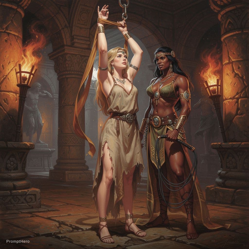 AI generated: 1970s Pulp fantasy style, dimly lit ancient stone chamber in a decadent lost city, torchlight flicke...