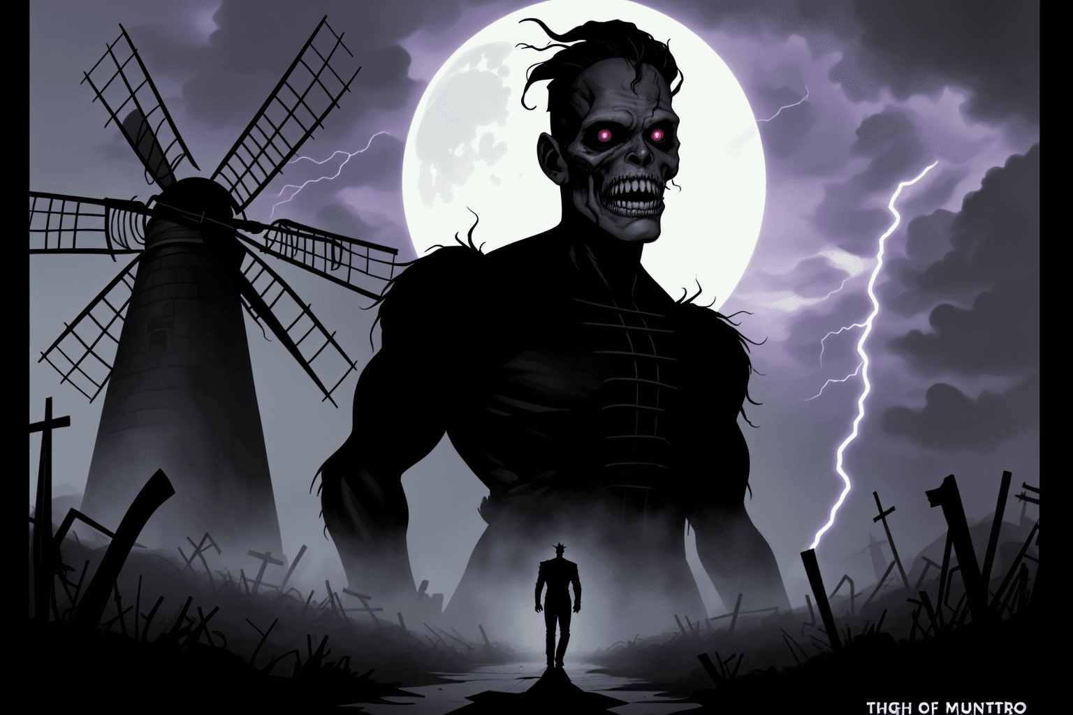 AI generated: foreground: a (black siluette of a tall strong monster of a man) walking toward a (old creepy windmi...